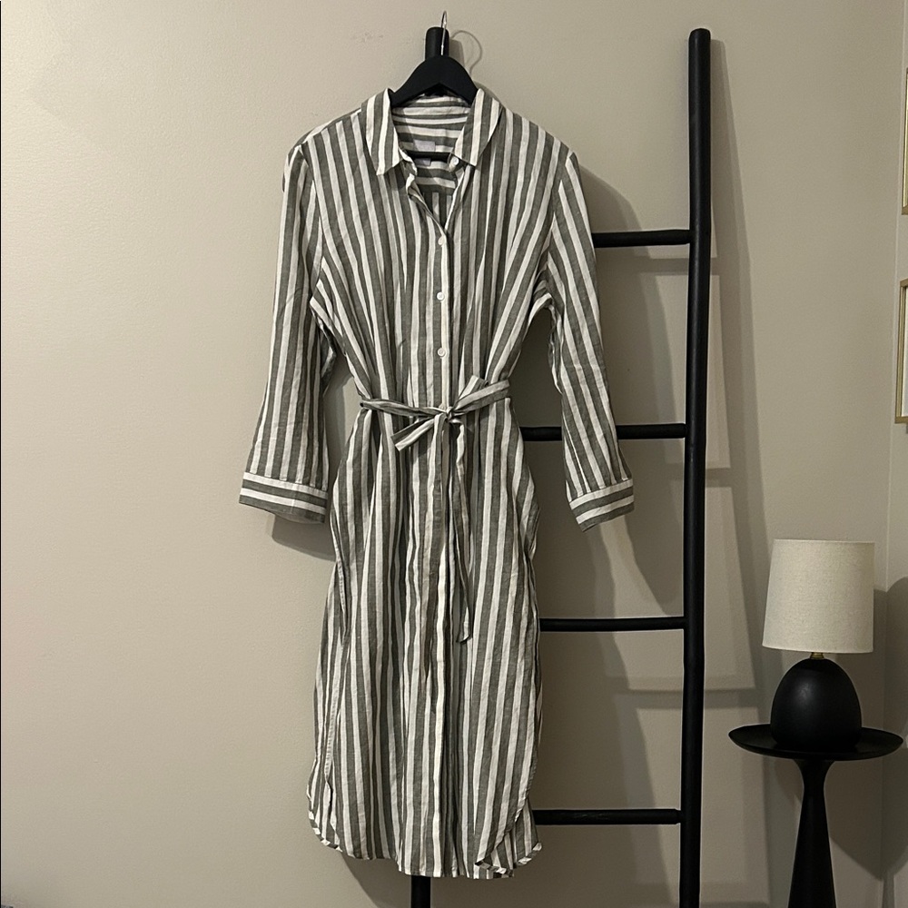 CHICO’S Linen Blend Striped Button-Up Shirt Dress